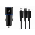 Avtomobil üçün enerji yığma cihazı 2ХUSB+Cable 3IN1 Lightning/MikroUSB/USB TYPE-C, Black