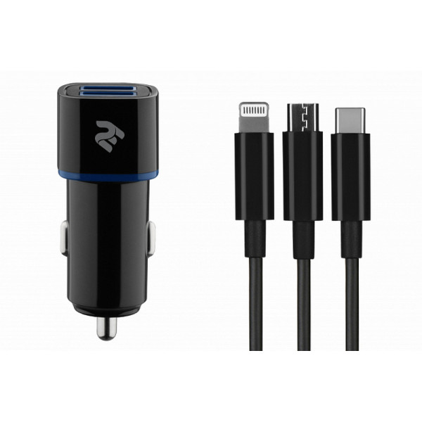 Зарядное устройство для автомобиля 2ХUSB+Cable 3IN1 Lightning/MikroUSB/USB TYPE-C, Black